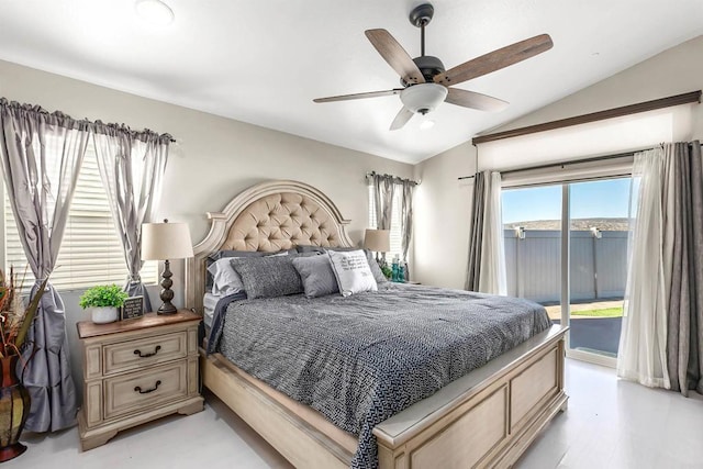 bedroom with access to outside, ceiling fan, vaulted ceiling, and light wood-type flooring