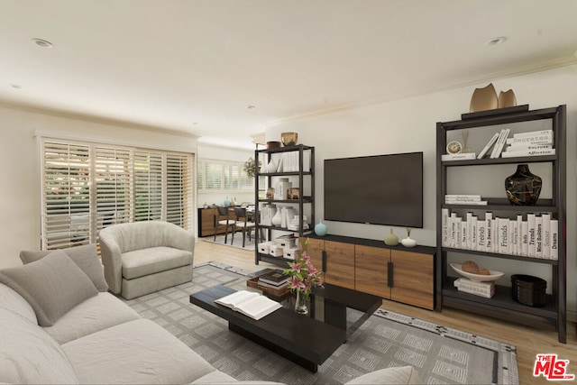 living room with ornamental molding and light hardwood / wood-style floors