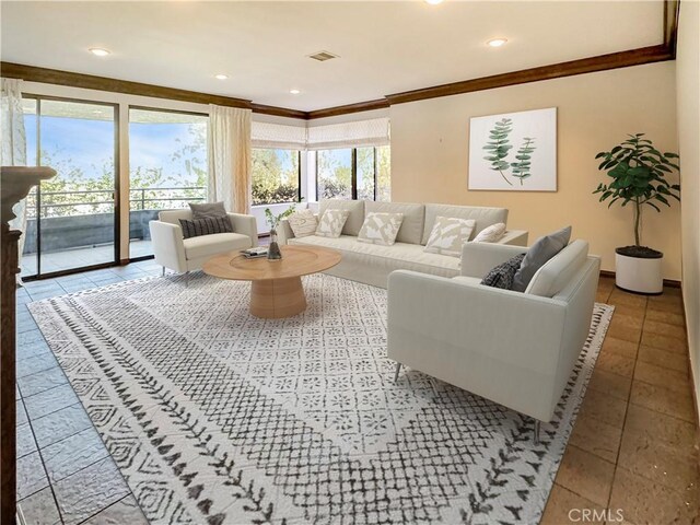 tiled living room with crown molding