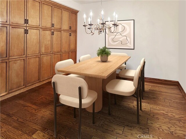 dining space featuring dark wood-type flooring and an inviting chandelier