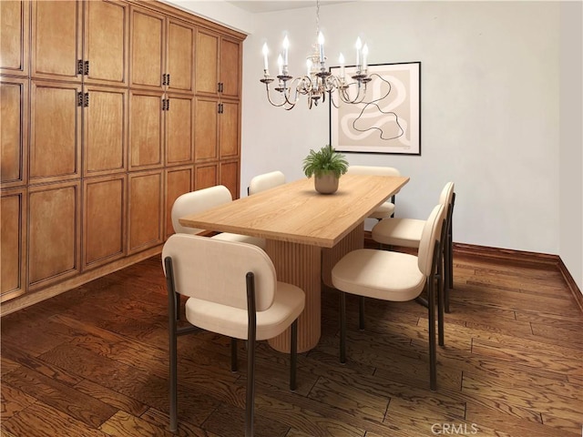 dining area with dark wood-type flooring and a chandelier