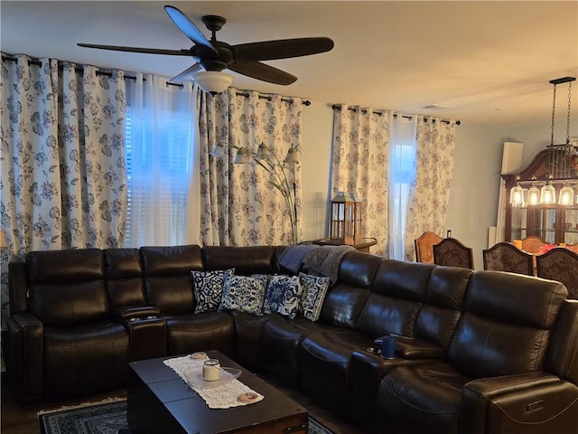 living room featuring ceiling fan