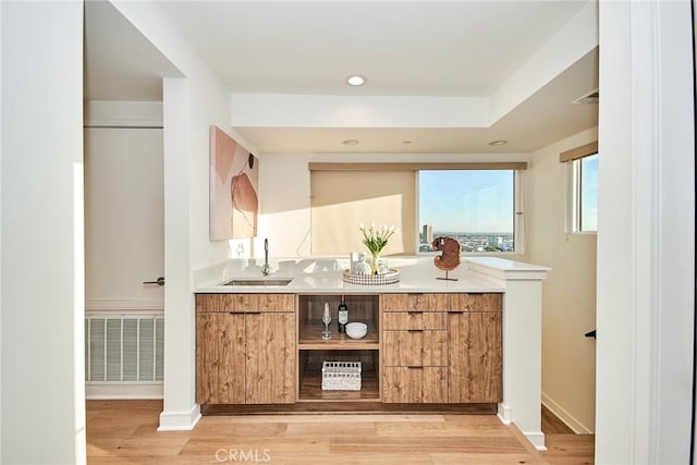 bar featuring light hardwood / wood-style floors and sink