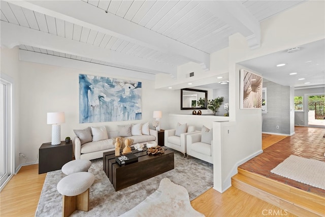 living room featuring beam ceiling and hardwood / wood-style floors