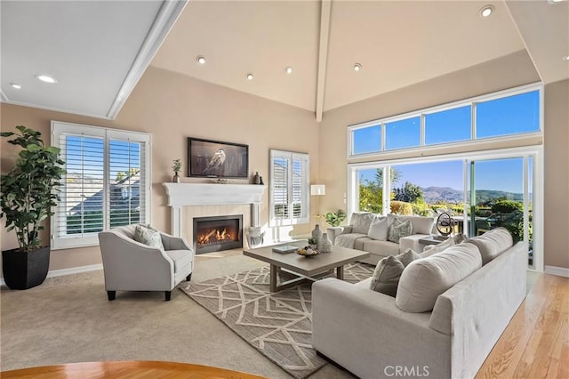 living room featuring a high ceiling, crown molding, and light hardwood / wood-style flooring