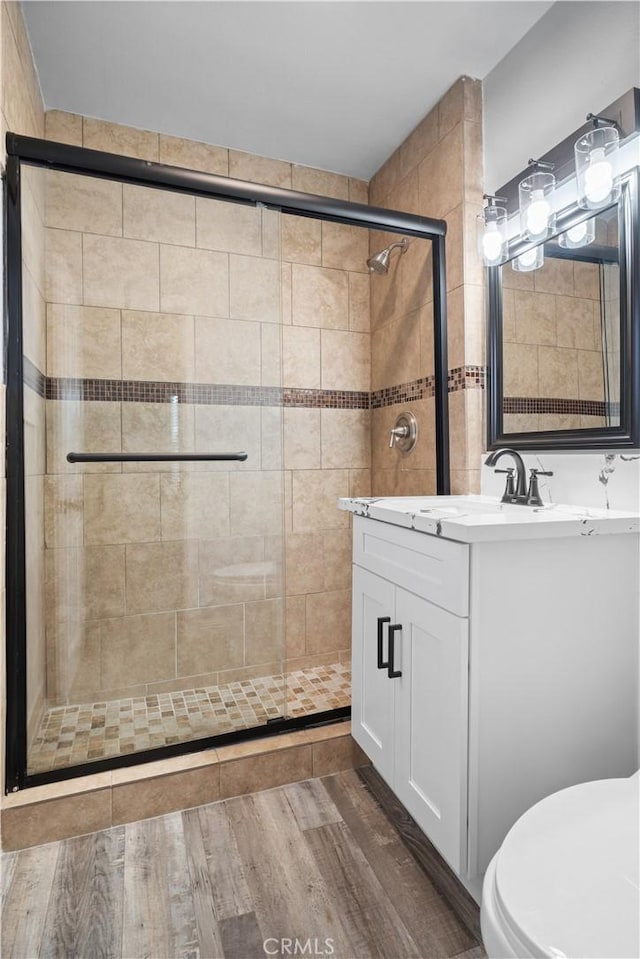 bathroom with vanity, toilet, and a shower with door