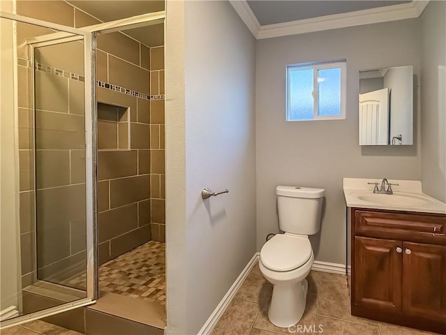 bathroom with toilet, ornamental molding, vanity, a shower with door, and tile patterned flooring