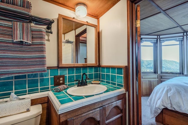 bathroom featuring a mountain view, vanity, backsplash, toilet, and walk in shower