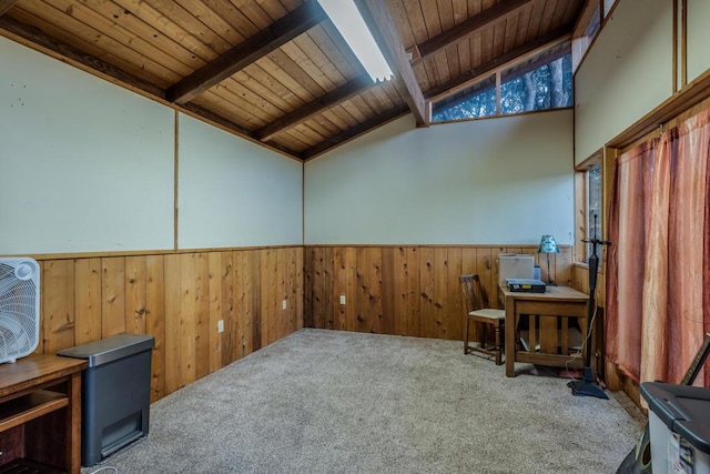 interior space with carpet flooring, vaulted ceiling with beams, and wood ceiling