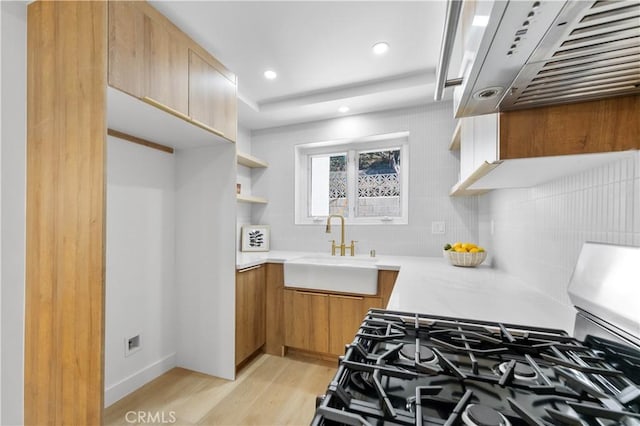 kitchen featuring backsplash, exhaust hood, stainless steel range with gas cooktop, sink, and light wood-type flooring