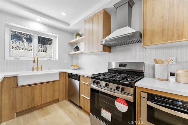 kitchen with sink, wall chimney exhaust hood, light hardwood / wood-style flooring, and appliances with stainless steel finishes