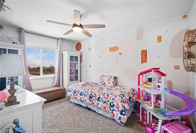 bedroom featuring carpet floors and ceiling fan