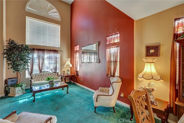 living area featuring carpet floors and high vaulted ceiling