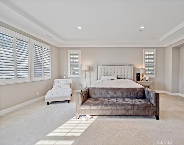 carpeted bedroom with a raised ceiling