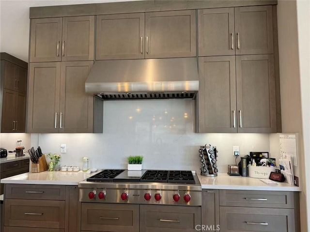 kitchen featuring exhaust hood, gray cabinets, and stainless steel gas cooktop