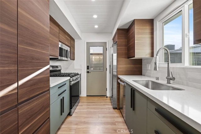 kitchen with decorative backsplash, light hardwood / wood-style floors, sink, and appliances with stainless steel finishes