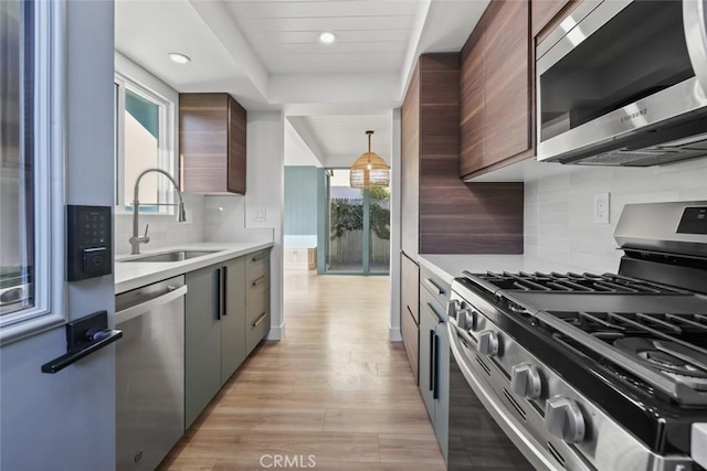 kitchen featuring decorative backsplash, dark brown cabinets, stainless steel appliances, sink, and light hardwood / wood-style flooring