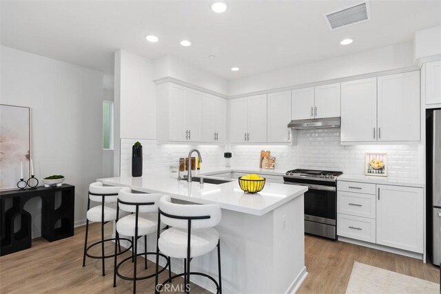 kitchen featuring appliances with stainless steel finishes, white cabinetry, sink, kitchen peninsula, and a breakfast bar