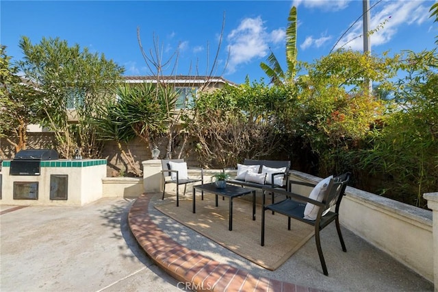 view of patio with a grill, an outdoor kitchen, and an outdoor hangout area