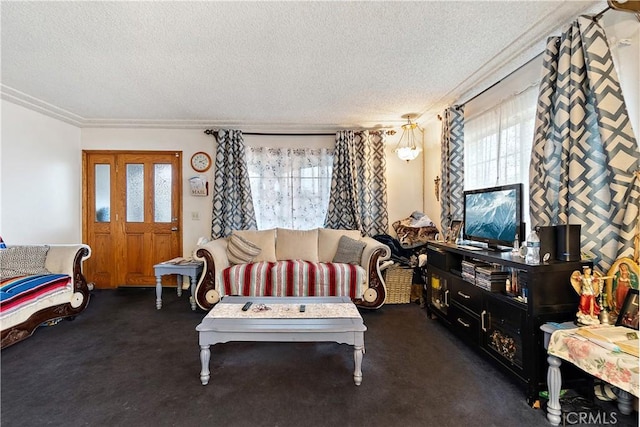 living room featuring a textured ceiling, dark colored carpet, and ornamental molding