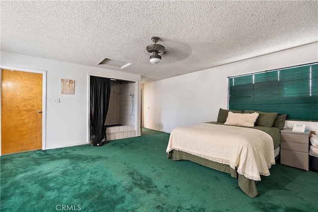 carpeted bedroom with a textured ceiling and ceiling fan