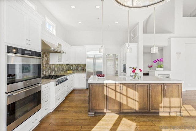 kitchen featuring appliances with stainless steel finishes, pendant lighting, tasteful backsplash, an island with sink, and white cabinets