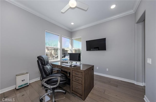 office featuring ceiling fan, light hardwood / wood-style floors, and ornamental molding