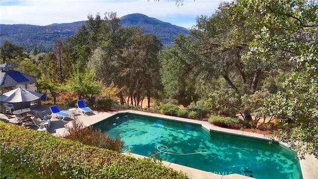 view of swimming pool with a mountain view and a patio