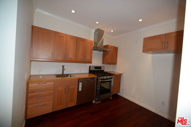 kitchen with wall chimney exhaust hood, dishwashing machine, gas stove, dark wood-type flooring, and sink