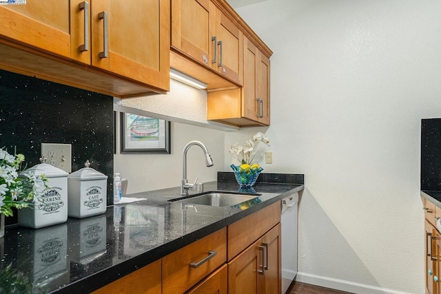 kitchen featuring sink, decorative backsplash, dishwasher, and dark stone counters