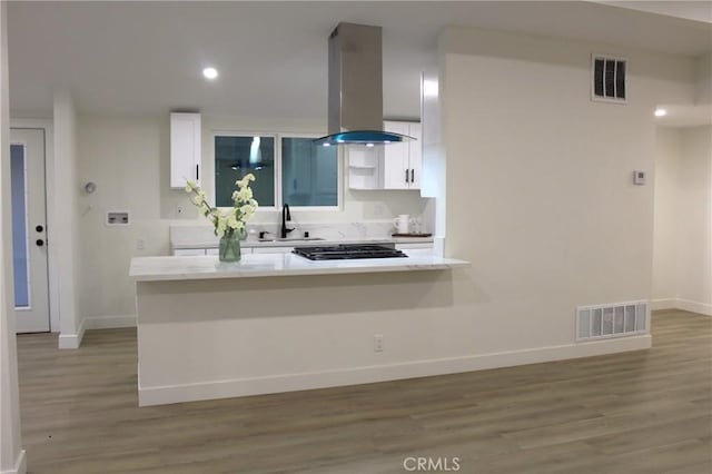 kitchen with island exhaust hood, white cabinetry, dark hardwood / wood-style floors, and sink