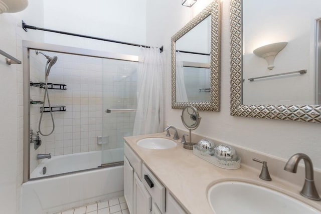 bathroom featuring vanity, shower / tub combo with curtain, and tile patterned floors