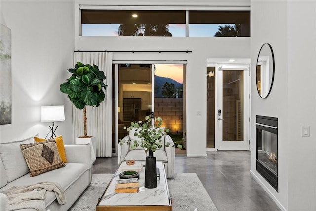 living room with a high ceiling