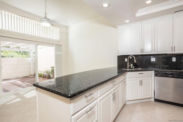 kitchen featuring kitchen peninsula, white cabinetry, stainless steel dishwasher, and sink