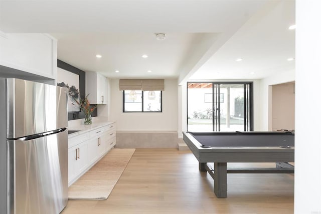 playroom with pool table, light wood-type flooring, and recessed lighting