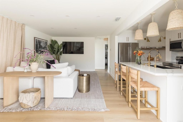 living room with light wood finished floors and visible vents