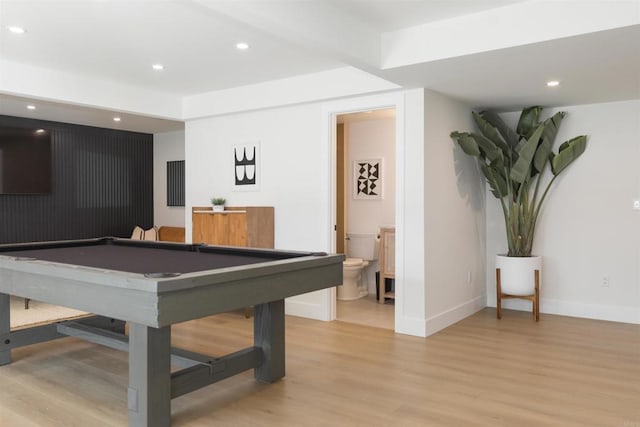 game room with baseboards, pool table, light wood-type flooring, and recessed lighting