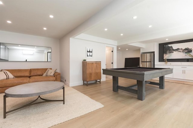 playroom with pool table, light wood-style flooring, baseboards, and recessed lighting