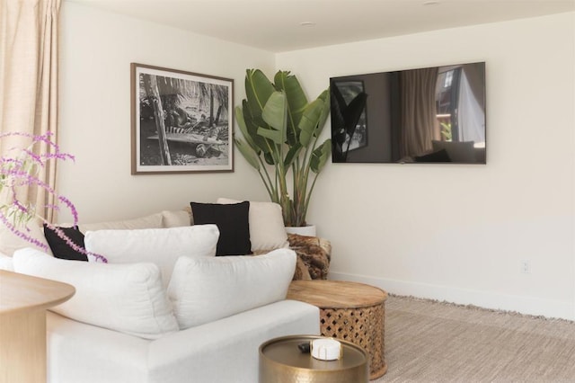 living area featuring carpet and baseboards