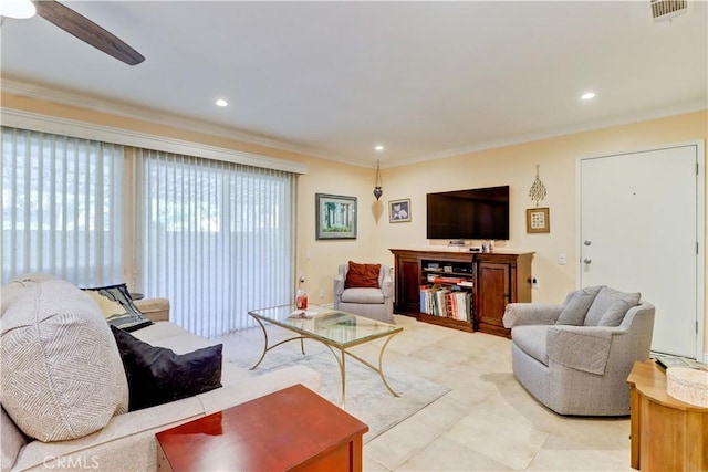 living room featuring ceiling fan and ornamental molding