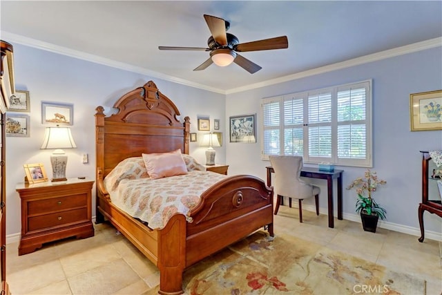 bedroom with ceiling fan, crown molding, and light tile patterned floors