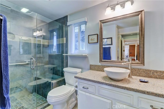 bathroom with vanity, toilet, and a shower with shower door