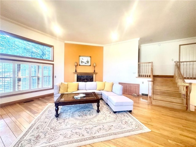 living room with wood-type flooring and crown molding