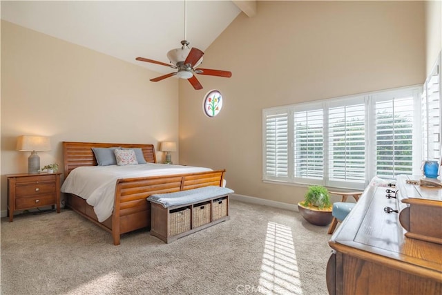 carpeted bedroom with ceiling fan, high vaulted ceiling, and beamed ceiling