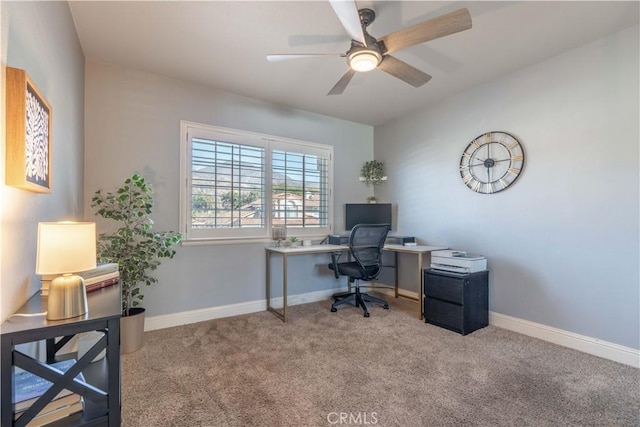 home office with light colored carpet and ceiling fan