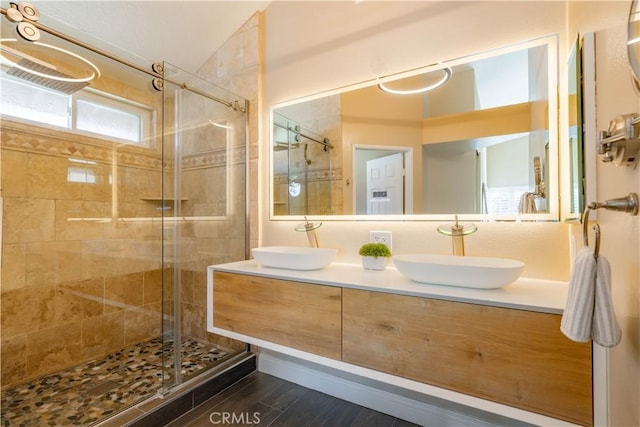 bathroom with vanity and a shower with shower door