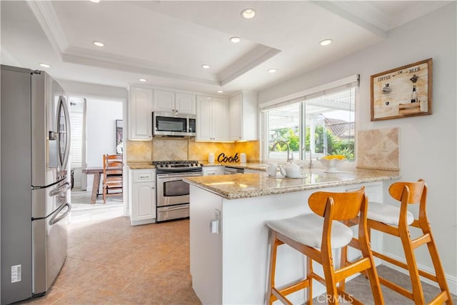 kitchen with kitchen peninsula, stainless steel appliances, a raised ceiling, and white cabinets