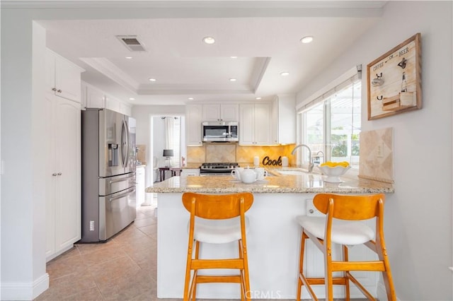 kitchen featuring kitchen peninsula, stainless steel appliances, and a raised ceiling