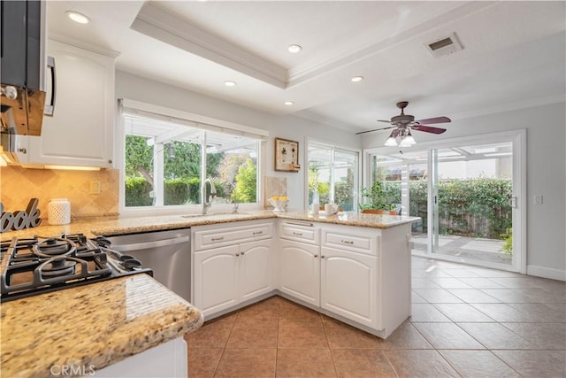 kitchen featuring light stone counters, ceiling fan, a tray ceiling, and white cabinetry