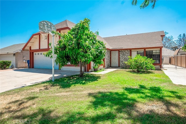 view of front of property with stone siding, a front lawn, and fence